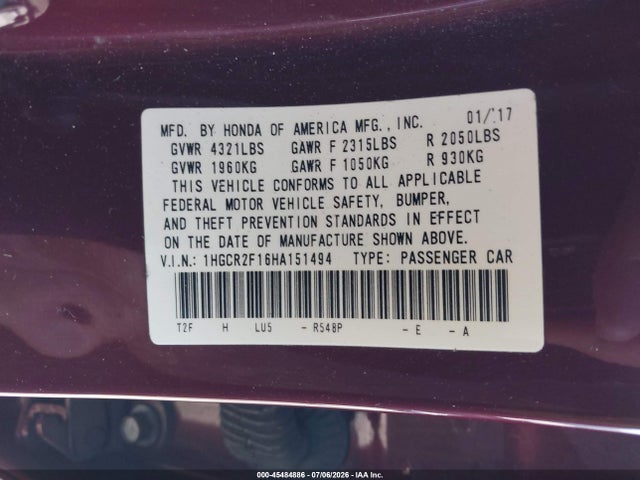 1HGCR2F16HA151494 Honda Accord Sport Se