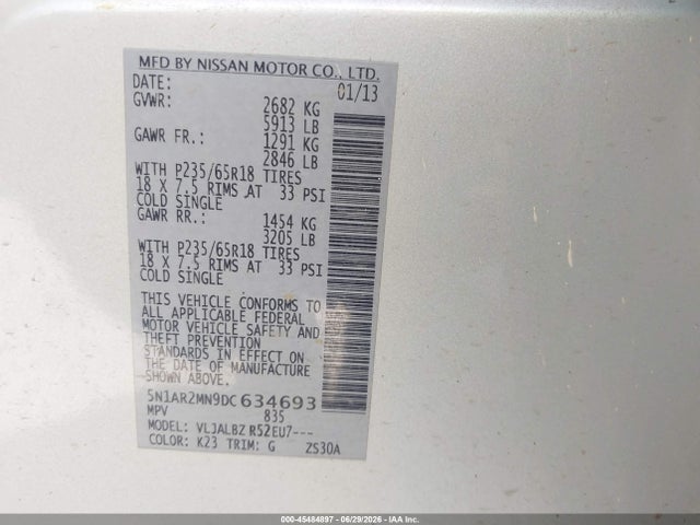 2013 Nissan Pathfinder S მანქანა იყიდება აუქციონზე, vin: 5N1AR2MN9DC634693, აუქციონის ნომერი: 45484897