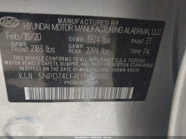 2020 Hyundai Elantra Se მანქანა იყიდება აუქციონზე, vin: 5NPD74LF7LH590080, აუქციონის ნომერი: 45484913