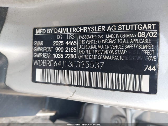 Продажа на аукционе авто 2003 Mercedes-benz C 320 Sport, vin: WDBRF64J13F335537, номер лота: 45484917