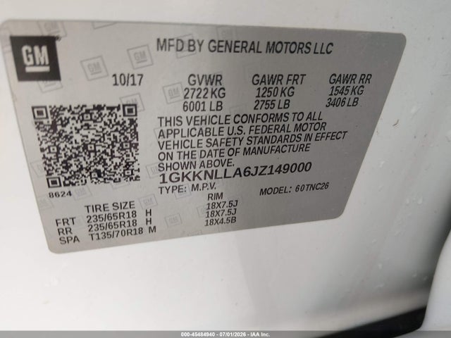 45484940 :رقم المزاد ، 1GKKNLLA6JZ149000 vin ، 2018 Gmc Acadia Sle-2 مزاد بيع