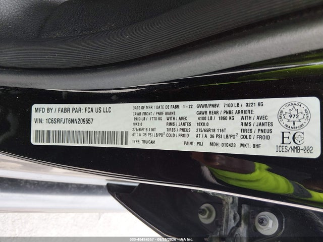 Aukcja sprzedaży 2022 Ram 1500 Laramie, vin: 1C6SRFJT6NN209657, numer aukcji: 45484957