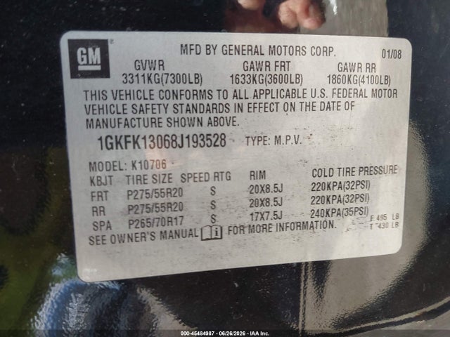 Aukcja sprzedaży 2008 Gmc Yukon Slt, vin: 1GKFK13068J193528, numer aukcji: 45484987