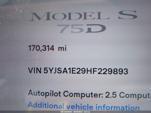 Aukcja sprzedaży 2017 Tesla Model S 100d/60d/75d/90d/p100d, vin: 5YJSA1E29HF229893, numer aukcji: 45485005