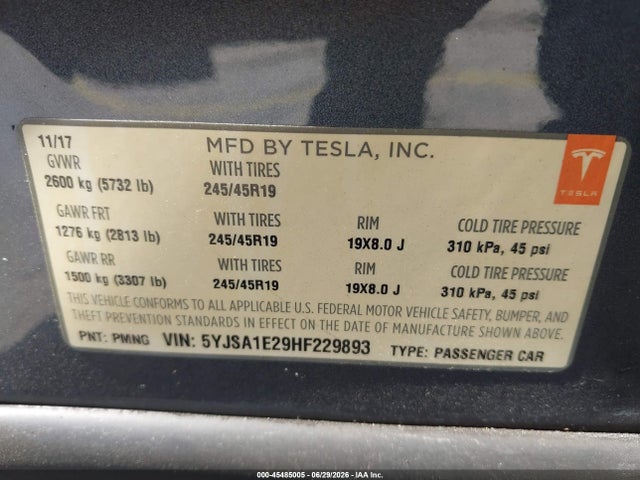 Aukcja sprzedaży 2017 Tesla Model S 100d/60d/75d/90d/p100d, vin: 5YJSA1E29HF229893, numer aukcji: 45485005