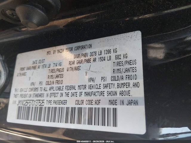 Продаж на аукціоні авто 2007 Mazda Mx-5 Sport, vin: JM1NC25F670137525, номер лоту: 45485011