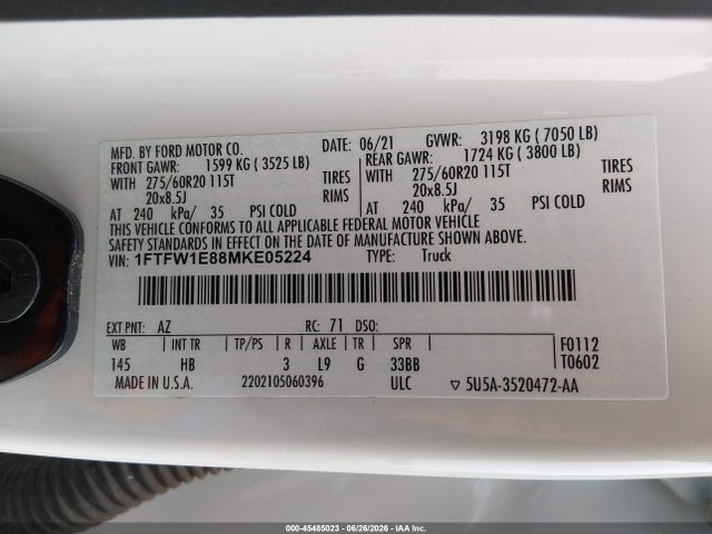 Aukcja sprzedaży 2021 Ford F-150 Lariat, vin: 1FTFW1E88MKE05224, numer aukcji: 45485023