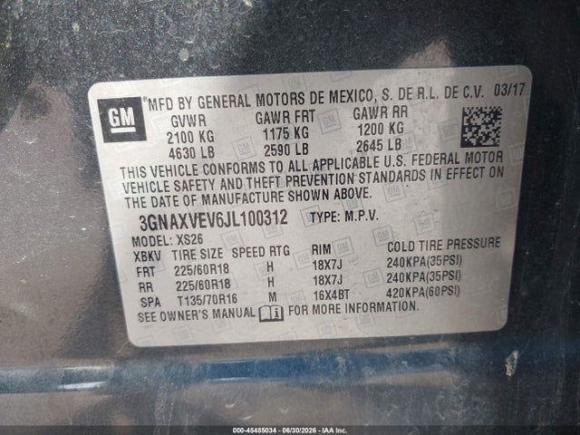 Продаж на аукціоні авто 2018 Chevrolet Equinox Premier, vin: 3GNAXVEV6JL100312, номер лоту: 45485034
