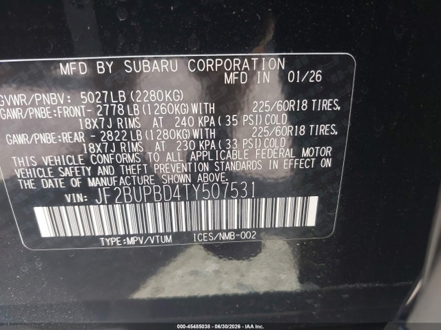 Продажа на аукционе авто 2026 Subaru Outback Premium, vin: JF2BUPBD4TY507531, номер лота: 45485038