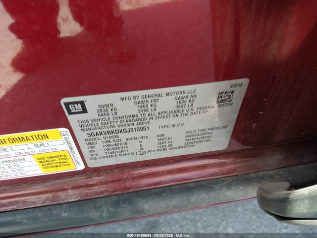 45485044 :رقم المزاد ، 5GAKVBKDXGJ315951 vin ، 2016 Buick Enclave Leather مزاد بيع