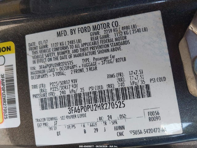 3FA6P0PU2HR270525 Ford Fusion Energi Se Luxury