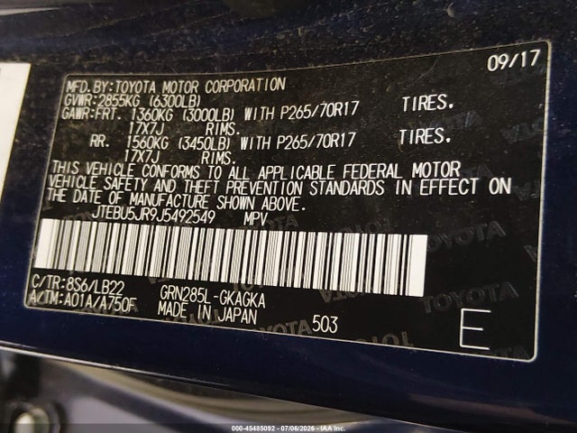 Toyota 4runner Sr5 Premium 2018 JTEBU5JR9J5492549 Image 9