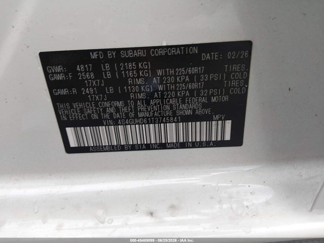 2026 Subaru Crosstrek Premium მანქანა იყიდება აუქციონზე, vin: 4S4GUHD61T3745841, აუქციონის ნომერი: 45485099