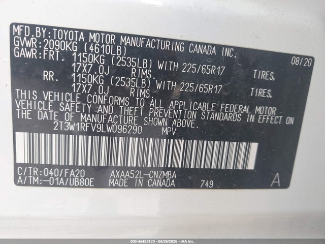45485120 :رقم المزاد ، 2T3W1RFV9LW096290 vin ، 2020 Toyota Rav4 Xle مزاد بيع