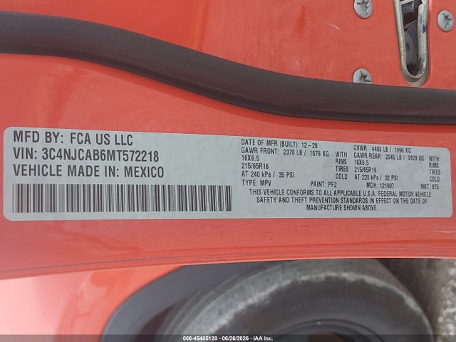 Продажа на аукционе авто 2021 Jeep Compass Sport Fwd, vin: 3C4NJCAB6MT572218, номер лота: 45485128