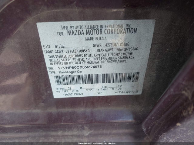 2008 Mazda Mazda6 I Sport Ve მანქანა იყიდება აუქციონზე, vin: 1YVHP80CX85M24978, აუქციონის ნომერი: 45485137