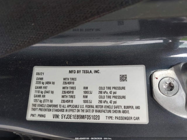 45485150 :رقم المزاد ، 5YJ3E1EB9MF051020 vin ، 2021 Tesla Model 3 Long Range Dual Motor All-wheel Drive مزاد بيع