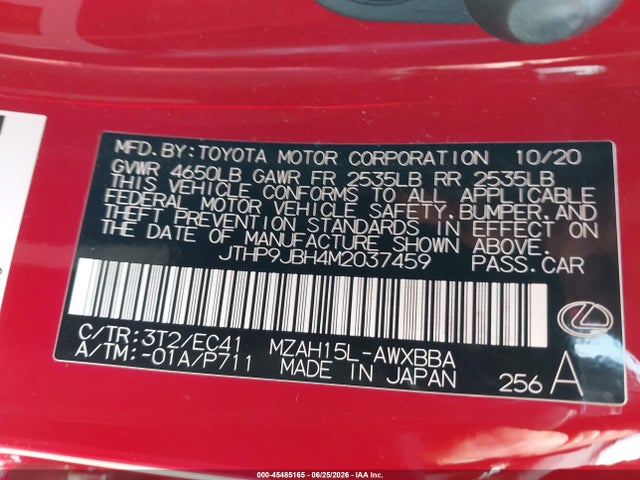 45485165 :رقم المزاد ، JTHP9JBH4M2037459 vin ، 2021 Lexus Ux 250h مزاد بيع