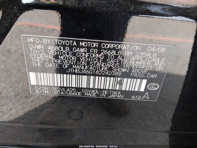 Aukcja sprzedaży 2008 Lexus Es 350, vin: JTHBJ46G182242389, numer aukcji: 45485166
