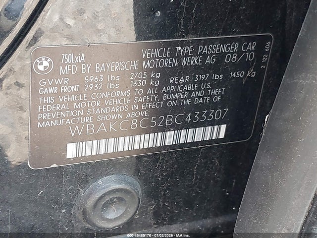 Продаж на аукціоні авто 2011 Bmw 750li Xdrive, vin: WBAKC8C52BC433307, номер лоту: 45485170