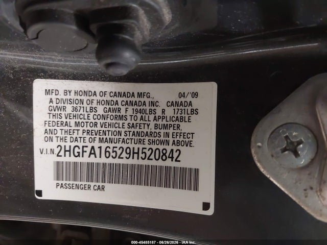 45485187 :رقم المزاد ، 2HGFA16529H520842 vin ، 2009 Honda Civic Lx مزاد بيع