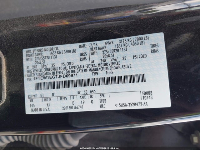 2018 Ford F-150 მანქანა იყიდება აუქციონზე, vin: 1FTEW1EG7JFD69971, აუქციონის ნომერი: 45485204