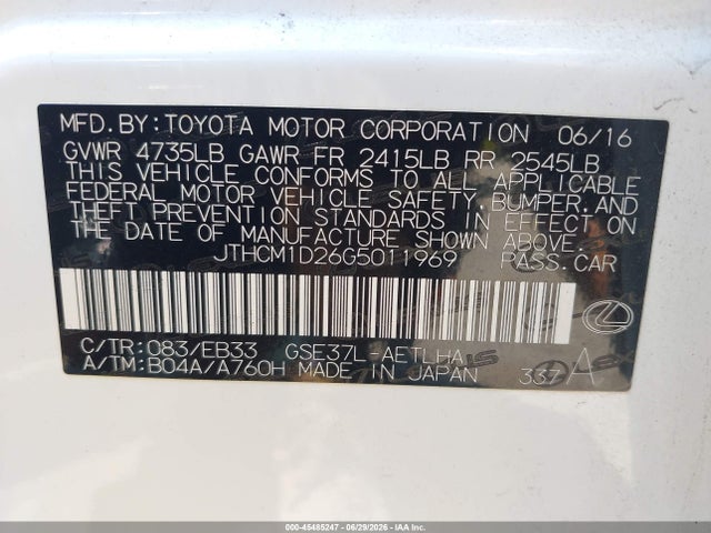 45485247 :رقم المزاد ، JTHCM1D26G5011969 vin ، 2016 Lexus Is 300 مزاد بيع