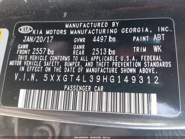 Auction sale of the 2017 Kia Optima Lx, vin: 5XXGT4L39HG149312, lot number: 45485249