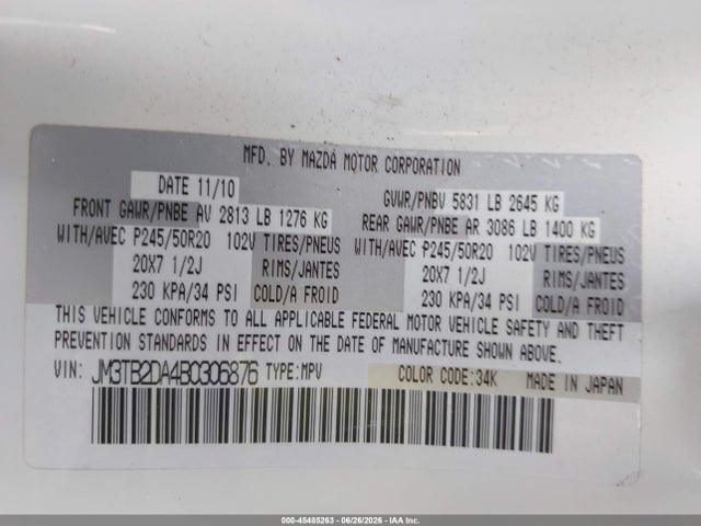 Aukcja sprzedaży 2011 Mazda Cx-9 Grand Touring, vin: JM3TB2DA4B0306876, numer aukcji: 45485263