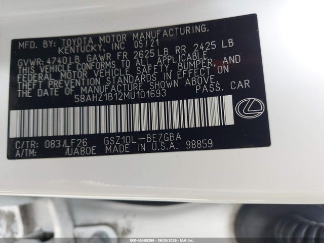 Продаж на аукціоні авто 2021 Lexus Es 350 F Sport, vin: 58AHZ1B12MU101693, номер лоту: 45485266