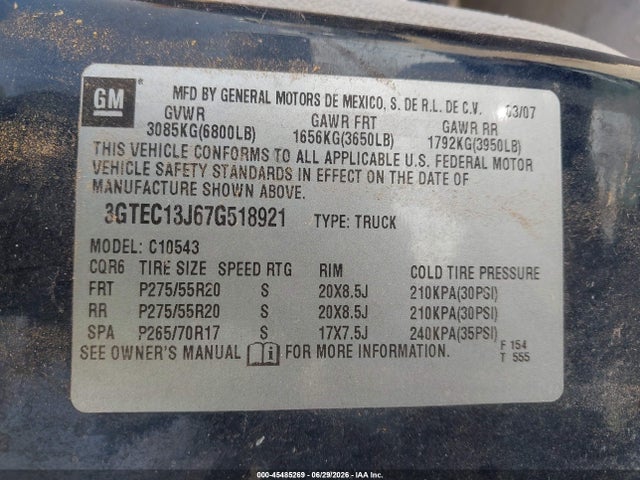 45485269 :رقم المزاد ، 3GTEC13J67G518921 vin ، 2007 Gmc Sierra 1500 Sle1 مزاد بيع