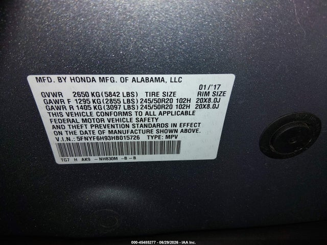 5FNYF6H93HB015726 Honda Pilot Touring