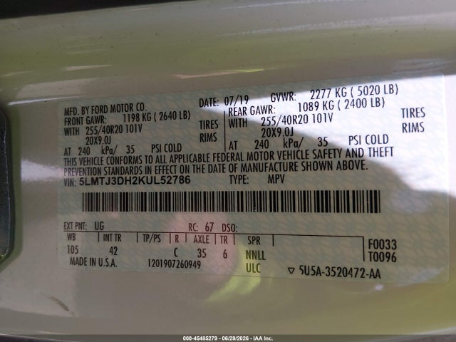 Aukcja sprzedaży 2019 Lincoln Mkc Reserve, vin: 5LMTJ3DH2KUL52786, numer aukcji: 45485279