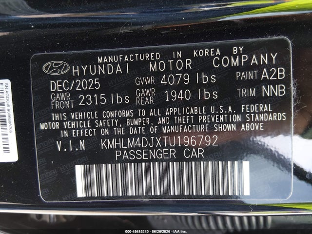Продаж на аукціоні авто 2026 Hyundai Elantra Hybrid Blue, vin: KMHLM4DJXTU196792, номер лоту: 45485280