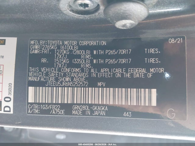45485286 :رقم المزاد ، JTEEU5JR6N5252572 vin ، 2022 Toyota 4runner Sr5 مزاد بيع