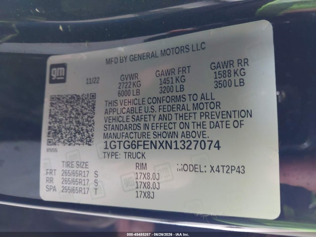 45485287 :رقم المزاد ، 1GTG6FENXN1327074 vin ، 2022 Gmc Canyon 4wd  Short Box At4 - Leather مزاد بيع