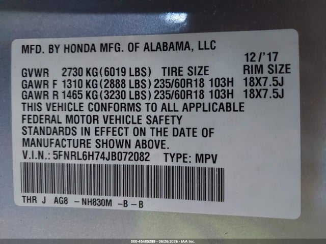 Honda Odyssey Ex-l 2018 5FNRL6H74JB072082 Image 9
