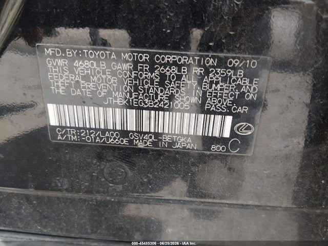 Aukcja sprzedaży 2011 Lexus Es 350, vin: JTHBK1EG3B2421005, numer aukcji: 45485306