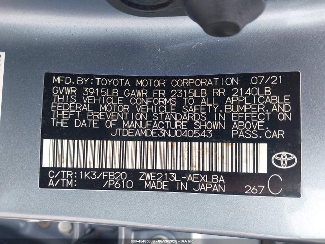 JTDEAMDE3NJ040543 Toyota Corolla Hybrid Le