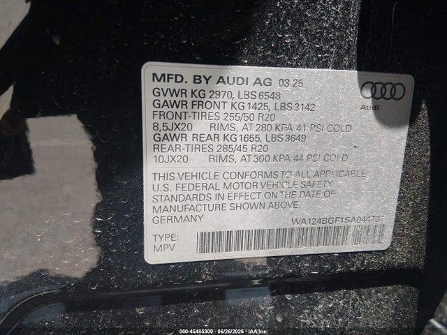 Продаж на аукціоні авто 2025 Audi Q6 E-tron Premium Plus Quattro, vin: WA124BGF1SA044731, номер лоту: 45485309