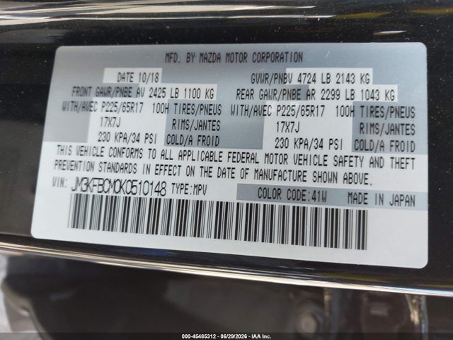 45485312 :رقم المزاد ، JM3KFBCM0K0510148 vin ، 2019 Mazda Cx-5 Touring مزاد بيع