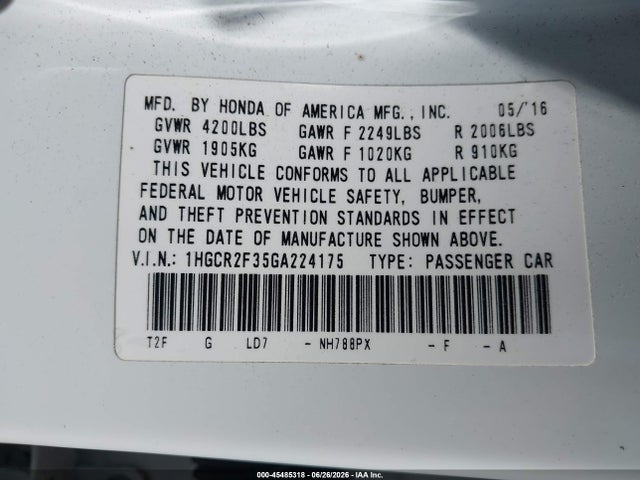Honda ACCORD LX 2016 1HGCR2F35GA224175 Image 9