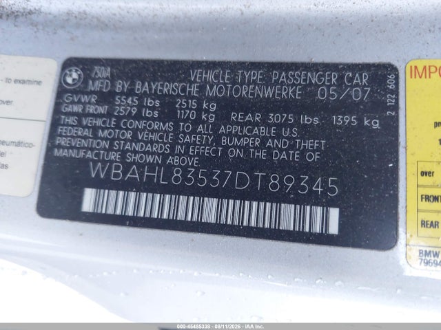 Продаж на аукціоні авто 2007 Bmw 750i, vin: WBAHL83537DT89345, номер лоту: 45485338