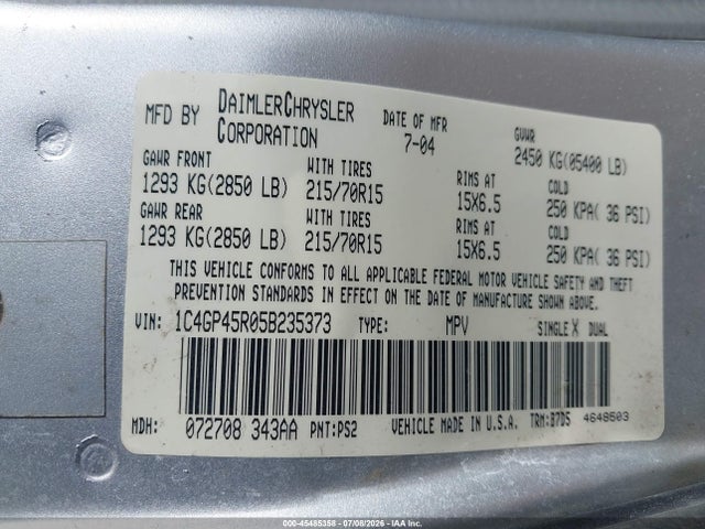 2005 Chrysler Town & Country მანქანა იყიდება აუქციონზე, vin: 1C4GP45R05B235373, აუქციონის ნომერი: 45485358