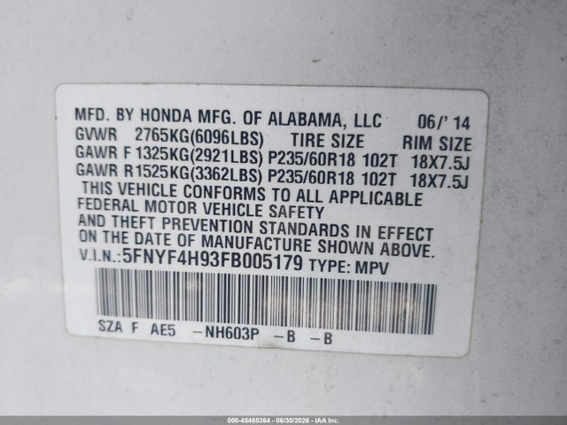 5FNYF4H93FB005179 Honda Pilot Touring