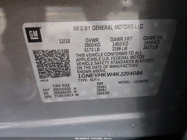 45485375 :رقم المزاد ، 1GNEVHKW4KJ204084 vin ، 2019 Chevrolet Traverse 3lt مزاد بيع