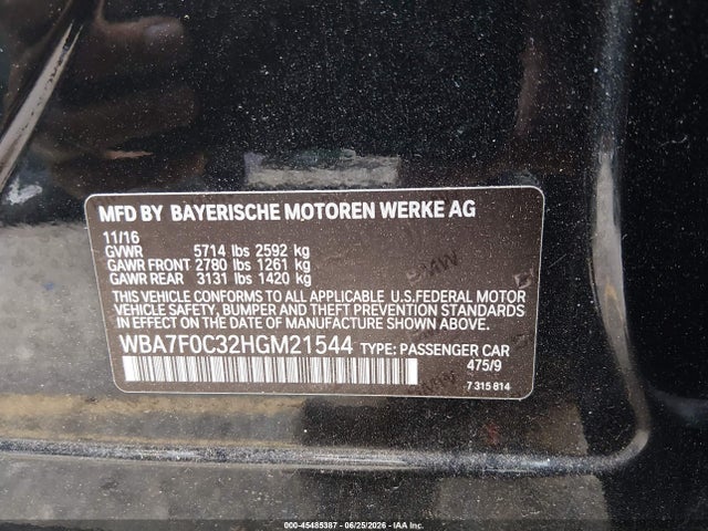 45485387 :رقم المزاد ، WBA7F0C32HGM21544 vin ، 2017 Bmw 750i مزاد بيع