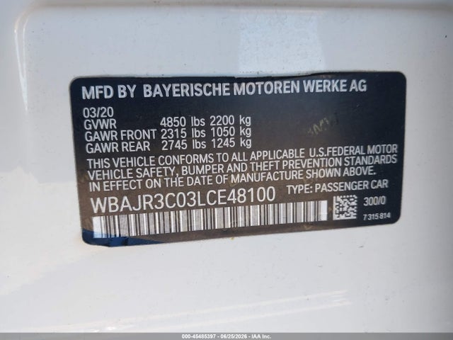 Продаж на аукціоні авто 2020 Bmw 530i, vin: WBAJR3C03LCE48100, номер лоту: 45485397