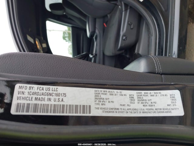 2022 Dodge Durango Sxt Awd მანქანა იყიდება აუქციონზე, vin: 1C4RDJAG6NC160175, აუქციონის ნომერი: 45485401