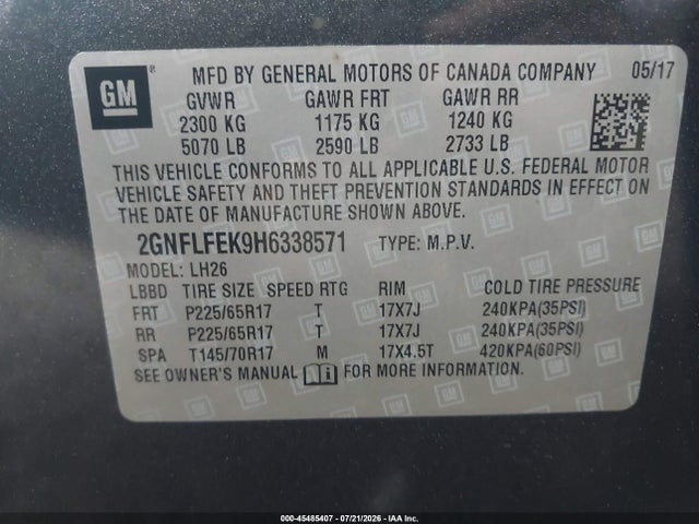Продаж на аукціоні авто 2017 Chevrolet Equinox Lt, vin: 2GNFLFEK9H6338571, номер лоту: 45485407